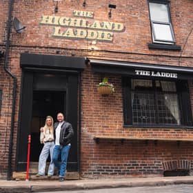 Sam Pullan and Nicole Deighton outside of The Highland Laddie on Cavendish Street.
