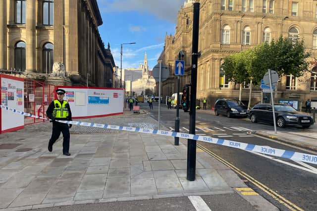 Calverley Street was closed from The Headrow to Great George Street following the clash in which the police van was set alight.