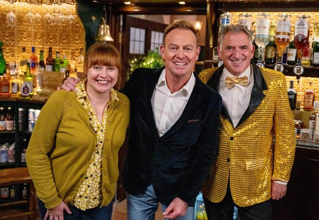Karen Blick (Lydia Dingle), Jason Donovan and Tony Audenshaw (Bob Hope).