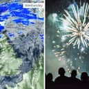 A video grab of the Met Office's Bonfire Night 2025 forecast and a stock image of people watching fireworks.