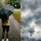 Stock images of a person with an umbrella and light popping through rain clouds.