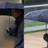 Stock images of people holding umbrellas in the rain.