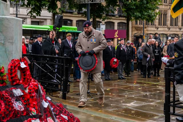 Former Serviceman Simon Brown of Morley, laying a wreath at the Leeds Cenotaph.
