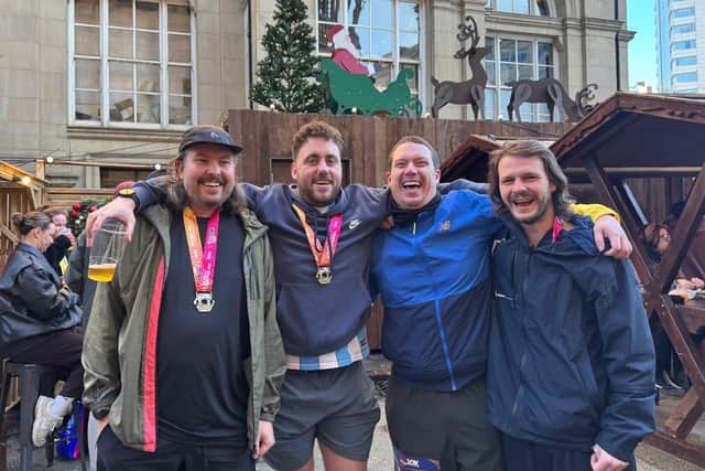A well-earned drink after completing the Abbey Dash 2025.