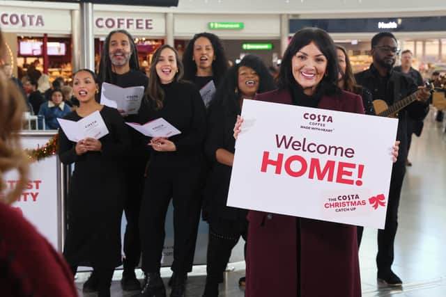 The Love Actually star joined a special welcoming committee at London’s Stansted Airport. 