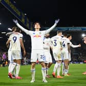 Ao Tanaka celebrates scoring Leeds United's second goal against Chelsea.