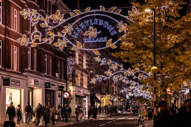 Marylebone High Street looked like a winter wonderland at night time