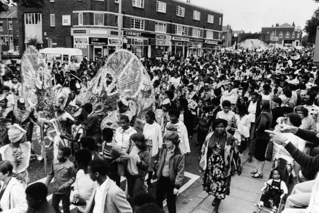 The Leeds West Indian Carnival in full flow down Chapeltown Road in August 1981.