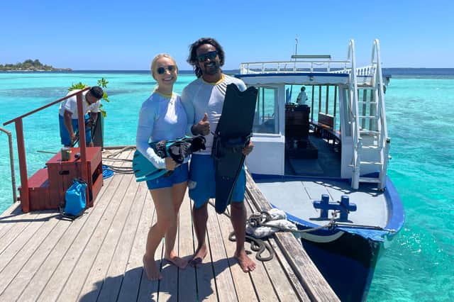 The Aquaholics dive team arriving back at the Nova Resort jetty after another successful Manta Quest Excursion, where guest swam with the marine creatures.
