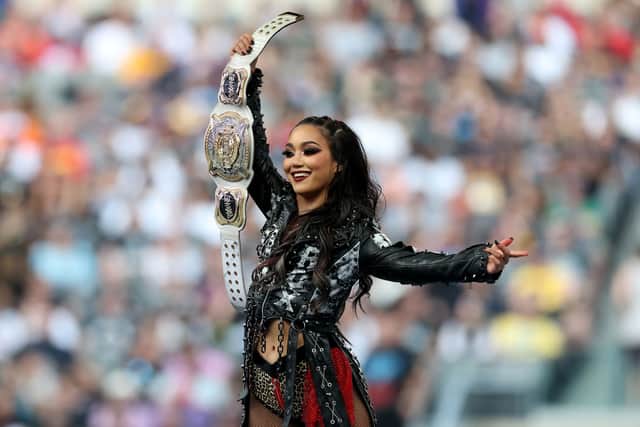 Roxanne Perez makes her entrance during the WWE 2025 SummerSlam at MetLife Stadium on August 02, 2025 in East Rutherford, New Jersey.