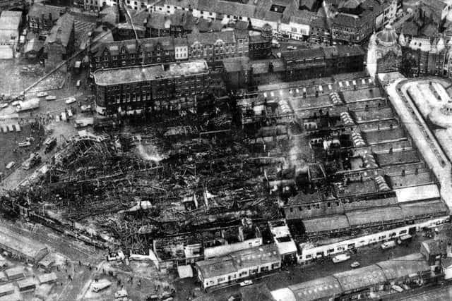 An bird's eye view of Kirkgate Market showing the aftermath of the fire.