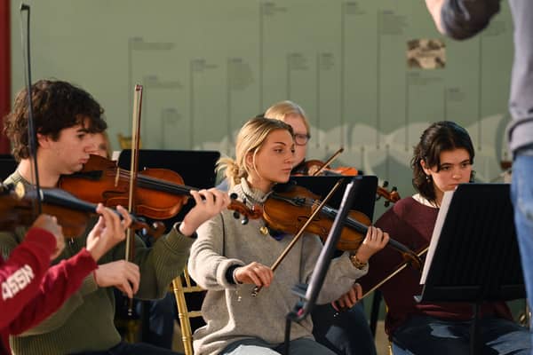 Students from Leeds Conservatoire rehearsing for a screening of The Snowman and The Snowdog.