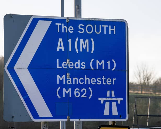 Motorway sign for the A1 M South Leeds M1 and Manchester M62. 15th January 2025