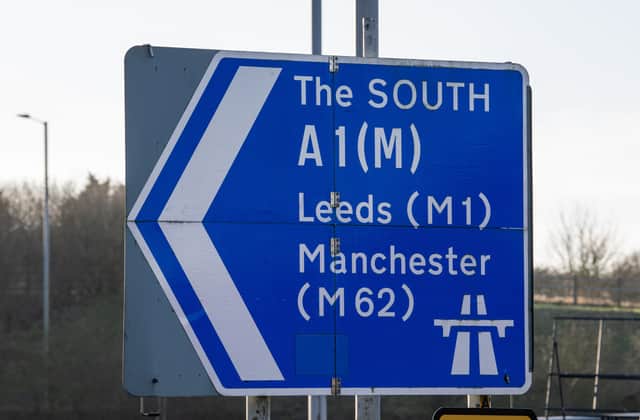 Motorway sign for the A1 M South Leeds M1 and Manchester M62. 15th January 2025