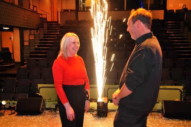 Laura Collins of the Yorkshire Evening Post backstage before the performance chatting to Max Hudd, Company Stage Manager