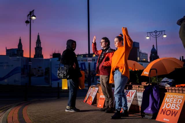 Resident doctors on a picket line outside Leeds General Infirmary  in December 2025