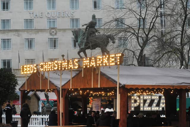 Leeds Christmas Market sign at City Square lit up for the final time in 2025.