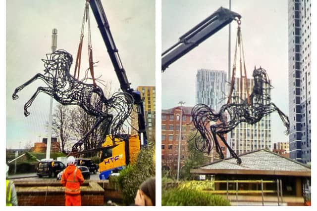 The Lloyds horse statue was removed from outside the old office headquarters on Lovell Park on Thursday morning.