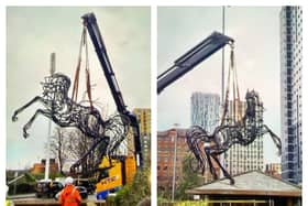 The Lloyds horse statue was removed from outside the old office headquarters on Lovell Park on Thursday morning.