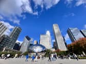 'The Bean' at Millennium Park, Chicago, with backdrop of the city