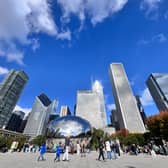 'The Bean' at Millennium Park, Chicago, with backdrop of the city