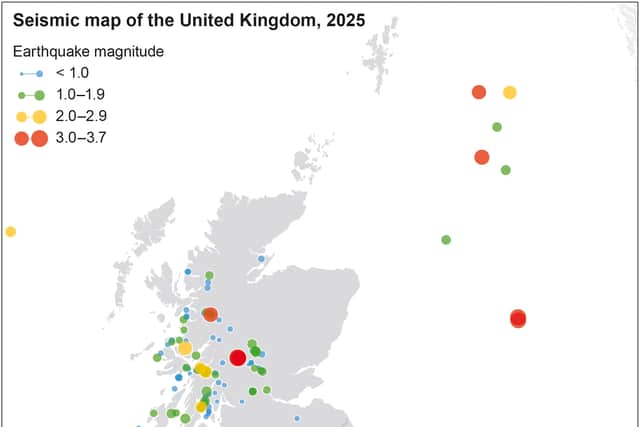 Graphic issued by British Geological Survey and UKRI showing distribution of 2025 earthquakes (red) superimposed on seismic activity recorded over the last 10 years (grey). Issue date: Monday December 29, 2025. 