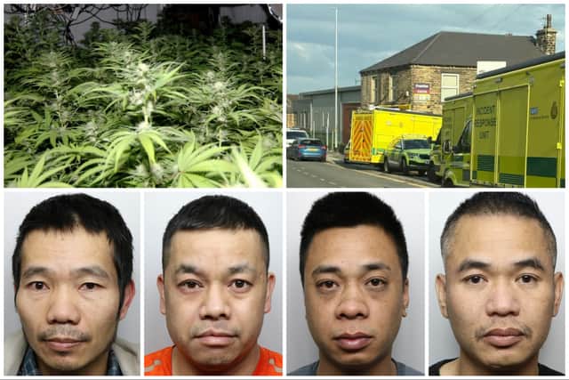 The Vietnamese cannabis farmer were tending to crops worth more than £1 million at the property on Ruskin Street (top right). The four were jailed at Leeds Crown Court. That includes (l-r) Nguyen-Van, Khamh, Tung and Phan.