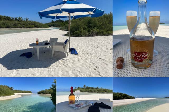 The Castaway Experience at an island a short boat journey away from Kandima - all alone, complete with canapés, Champagne
