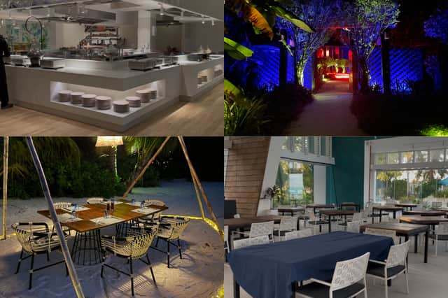 Pictured are Flavour all day dining restaurant (top left), Sea Dragon's colourful entrance (top right), Azure's beach dining experience (bottom left) and the Smoked grill house interior (bottom right).