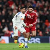 CLASSY DISPLAY: From Leeds United's James Justin, pictured batting Liverpool's Dominik Szoboszlai in the goalless draw at Anfield.