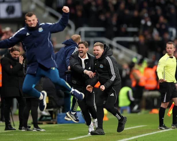 ELATION: For Eddie Howe and his Newcastle United team after their amazing 4-3 victory against Leeds United at St James' Park.
