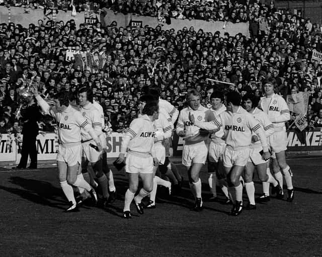 Leeds United Champion parade at Elland Road 73-74 season Terry Yorath centre pic yep 
