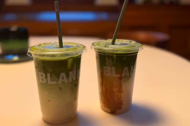 Blondie and white chocolate matcha latte at Bank Street