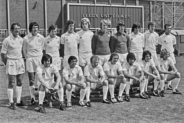 League Division One team Leeds United FC at Elland Road in Leeds, at the start of the 1974-75 football season, UK, 26th July 1974. From left to right (back row) Paul Madeley, Norman Hunter, Trevor Cherry, Joe Jordan, Gordon McQueen, David Stewart, David Harvey, Eddie Gray, Allan Clarke and Paul Reaney; Peter Lorimer, Johnny Giles, Billy Bremner, Terry Cooper, Mick Bates, Frankie Gray and Terry Yorath. (Photo by Evening Standard/Hulton Archive/Getty Images)