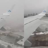 A plane flies over snowy Leeds as it comes into land at Leeds Bradford Airport on January 11 2026.