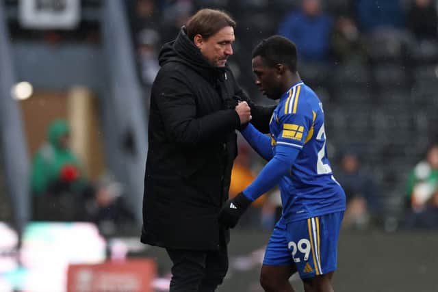 Leeds United's Daniel Farke shakes hands with Wilfried Gnonto as he is substituted during the FA Cup third round football match between Derby County and Leeds United at Pride Park Stadium (Photo by Darren Staples / AFP via Getty Images)