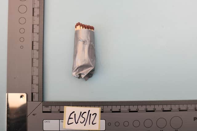 Undated handout photo issued by Counter Terror Policing North East of matches taped together found in the home in Northumberland of a 16-year-old boy accused of plotting a terror attack on local synagogues