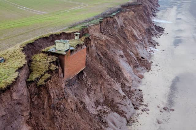 A 70-year-old nuclear-era lookout bunker near Tunstall on the East Yorkshire coast is just days from slipping into the sea as coastal erosion accelerates