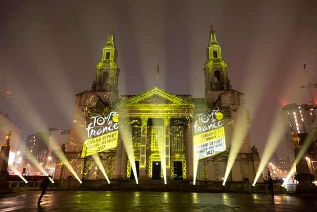 Yellow beams of light are projected in Leeds, simultaneously with ten other locations across the UK, as part of the 'Tour de Skies' activation, with each beam representing a town or city that will host a start or finish stage of the 2027 Tour de France or the Tour de France Femmes avec Zwift.