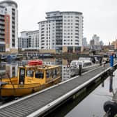Drie, one of two Leeds Water Taxis, moored in Leeds Dock 