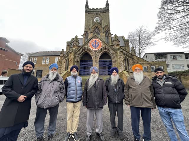 From left,  Parminder Singh, Gurcharan Singh Sohanpaul,  Bikram Pal Singh, President, Harbans Singh Sambhi,  Prem Singh, Balbir Singh, Manmon Singh at the site on Chapeltown Road. 