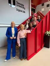 Steph McGovern and Enginuity CEO Ann Watson meet the first recipients of Steph's new scholarship for female engineers.