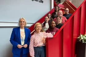 Steph McGovern and Enginuity CEO Ann Watson meet the first recipients of Steph's new scholarship for female engineers.