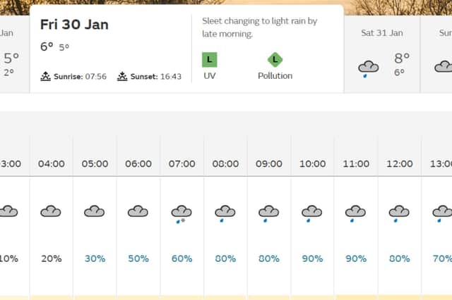 The Met Office is forecasting sleet for Leeds at 07:00 on Friday January 30.