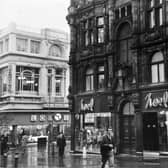 Noel fashion store on the corner of Lands Lane and Commercial Street, Leeds, in January 1971, with Lotus shoes in the background