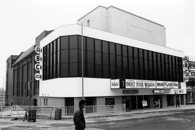 ABC Cinema on Vicar Lane. The photo dates from when the ABC was re-opened as a twin cinema, on April 5, 1970, with showings of 'Paint Your Wagon' and 'Spring and Port Wine'. It then became the first triple cinema in Leeds when the former stalls area of ABC 2 was divided. Closed on February 17, 2000.