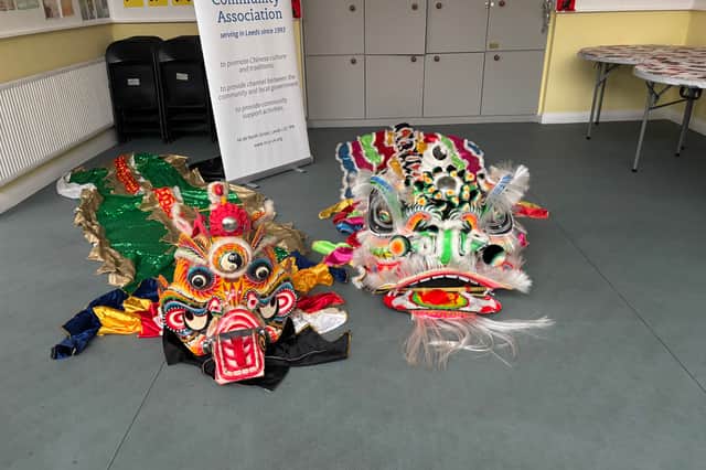 The head of a traditional qilin and lion dance costume