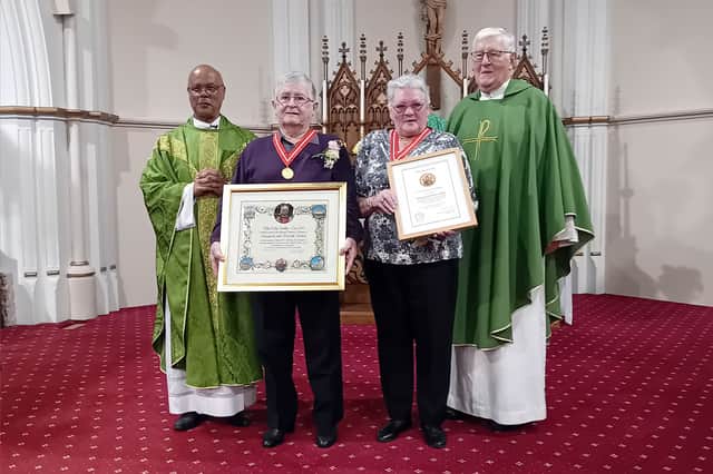 Patrick and Margaret with their parish priest, Fr Neil Byrne (left) and family friend, Canon John Nunan (both priests of the Diocese of Leeds)