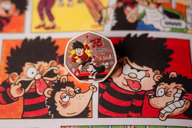 The Royal Mint and Beano collaboration sees the prankster, wearing his famous red and black striped top, appearing on a 50p coin with his trusty dog Gnasher (Photo: Euan Cherry/PA Media Assignments)