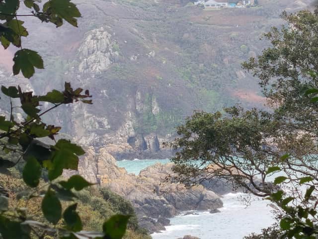 The view through the frame for Renoir's 'Baie du Moulin Huet à travers les arbres.' It's enchanting to compare and see how the view has barely changed in 140 years.